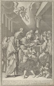 The circumcision of Christ, a group of men, women and angels surrounding him
