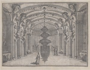 Theatrical Scene in a Great Hall with a Vaulted Ceiling and a Central Sculpture by Giacomo Maria Giovannini