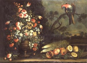 Still Life, Mixed Flowers, Vegetables and Parrot by Giacomo Nani