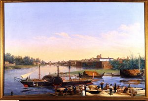 View of the Port of Pavia on the Po and the Steamboat Principessa Clementina by Giacomo Trecourt