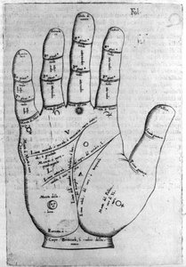 Chiromancy and divinatory prediction: representation of the different lines of the hand allowing the interpretation of the personality by Giambattista della Porta