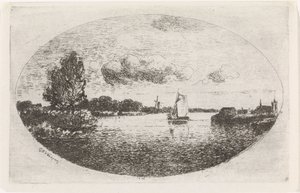 River View with a Sailing Ship by Gijsbertus Johannes Verspuy