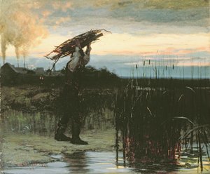 Man Carrying Sticks at Dusk