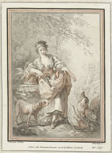 Young Woman with Dog and Rooster and Hen by Gilles Demarteau