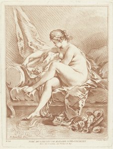 Naked Woman Sitting on Bed with Flowers by Gilles Demarteau