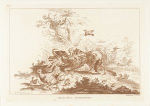 Fox Attacking a Rooster and Hen Fleeing with Chicks by Gilles Demarteau