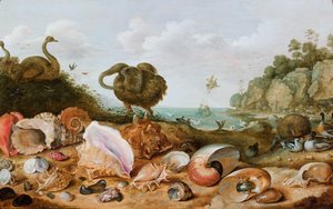 Shells and Birds, Including a Dodo, on a Seashore, Perseus Rescuing Andromeda in the Background by Gillis Claesz d