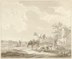 Three Cows by a Farm, Two Fishing Boys and a Woman by Gillis Smak Gregoor