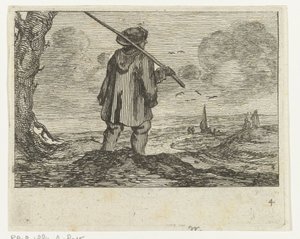 Dune Landscape with a Man, with Staff on the Shoulder from Various Beaches and Water Views by Jan Percelles by Gillis van Scheyndel (I)