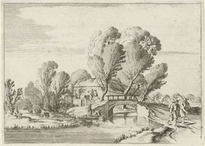 Two Walkers by a Canal (Seven Landscapes series) by Gillis van Scheyndel (I)