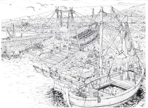 Antiquity: the transport by ship of marble probably from the quarries of Carrara. 2nd century AD Italy. Illustration by Giorgio Albertini. by Giorgio Albertini