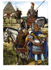 Barbarian: a Hun warrior, a Goth warrior and a Roman soldier