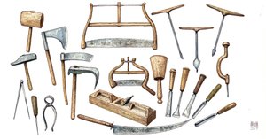 Board describing the tools used by the carpenter: axe, compass, hammer, pliers, saws, drill.