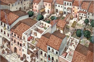 Middle Ages: aerial view of dwellings, cross-sectional views of interiors in Florence, Italy, 13th century.