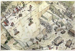 Middle Ages: Aerial View of Workers in the Marble Quarries of Carrara, 15th Century, Italy, Illustration by Giorgio Albertini