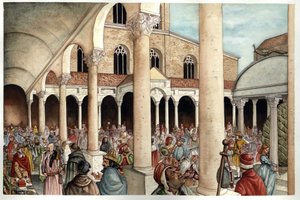 Middle Ages: fideles, pilgrims, traders, and Romans in the 13th century peristyle of the ancient Basilica of St. Peter, Rome.
