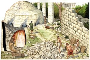 Middle Ages: Reconstruction of a Lime Kiln, Workers Working Limestone, Illustration by Giorgio Albertini