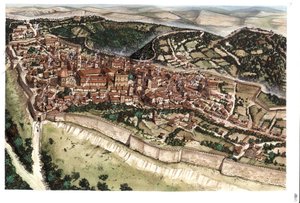 Middle Ages: view of the medieval town of Volterra, surrounded by ramparts, 14th century, Tuscany, Italy. Illustration by Giorgio Albertini.