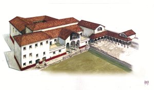 Roman antiquity: reconstruction of the site of the domus of the Marine Gate in ancient Ostia in the 4th century, Italy.
