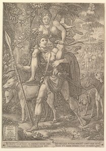 Allegory of the Hunt, a hunter holding a large spear carrying a woman Diana on his shoulder by Giorgio Ghisi