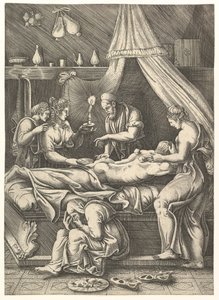 An Allegory of Sickness, Man Laying Prostrate on a Bed Surrounded by Figures by Giorgio Ghisi