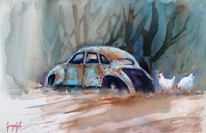 Rustic Car and Chickens