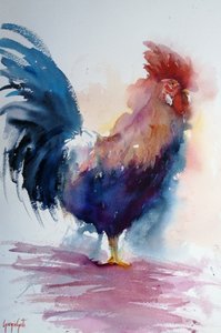 Vibrant Watercolor Rooster by Giorgio Gosti