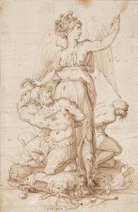 Winged Victoria with Palm Branch and Three Prisoners Kneeling on Trophies. Around 1540 by Giorgio Vasari