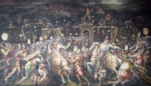Italy, Florence, Palazzo Vecchio (Old Palace), Salone dei Cinquecento, Taking of Fort near Port Camollia in Siena by Giorgio Vasari