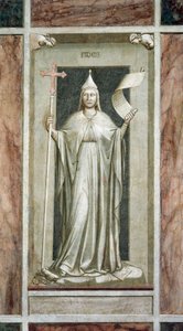 Faith, female figure holding the Cross and a scroll symbol of Revealed Truth, while destroying an idol and standing on symbols of the Kabbalah, cycle of frescoes The Vices and Virtues, after restoration, Scrovegni Chapel, Padua, Italy