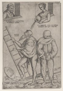 A Man Climbs a Ladder While a Woman Throws Water on Him from Above by Giovanni Ambrogio Brambilla