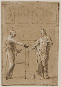 A Man and a Woman in Antique Costumes, Each with Scales and a Ruler, in Front of a Wall with Paintings. A Purse on the Floor in Front of the Man by Giovanni Angelo Canini