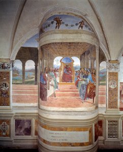 St Benedict leaves the school of Rome, fresco of the cloister by Antonio Bazzi recounting the life of Saint Benedict of Nursie, 1503-1508, Abbey of Monte Oliveto Maggiore by Giovanni Antonio Bazzi Sodoma