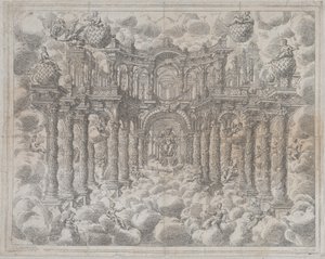 Plate 2 [Counterproof]: Stage Set with Allegorical Figures Seated Among the Clouds by Giovanni Antonio Lorenzini