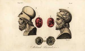 Busts and gems of Athenian politicians Miltiades the Younger, Themistocles, and King Pyrrhus I by Giovanni Antonio Sasso