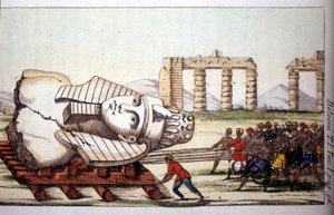 Transportation of the Bust of Memnon on the Banks of the Nile by Belzoni. Giovanni Battista Belzoni, Italian Explorer and Archaeologist, Made Important Archaeological Discoveries in Egypt. Engraving in 