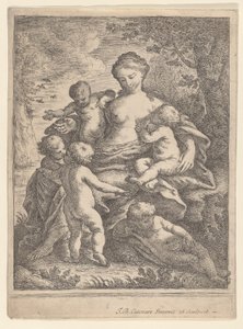 Charity, seated in a landscape surrounded by five nude children, 1692-1727 by Giovanni Battista Catenaro