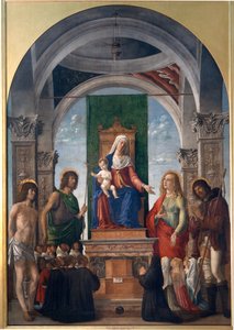 Madonna and Child Enthroned with St. Sebastian, St. John the Baptist, St. Mary Magdalene, St. Roch and Members of the Confraternity of San Giovanni Evangelista by Giovanni Battista Cima da Conegliano