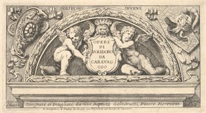 Titleplate to series of prints after Poloidoro, title on a shield supported by two putti by Giovanni Battista Galestruzzi