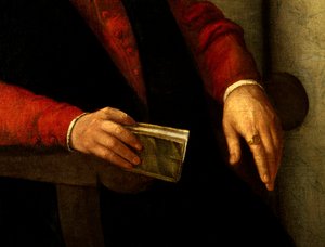 Presumed portrait of Francois Rabelais, French writer and doctor. Detail of the book he holds in his hand and of the knight he carries on his finger by Giovanni Battista Moroni
