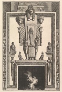 Chimneypiece in the Egyptian style: Mummy superimposed on a large caryatid above the lintel by Giovanni Battista Piranesi