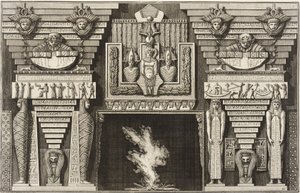 Chimneypiece in the Egyptian style: Two mummies in profile on the left and two figures bearing obelisks on the right. by Giovanni Battista Piranesi