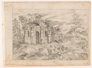 Landscape with Ancient Temple with Caryatids by Giovanni Battista Pittoni (I) (attributed to)