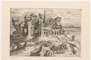 Landscape with Ruins by the Water and a Rising or Setting Sun