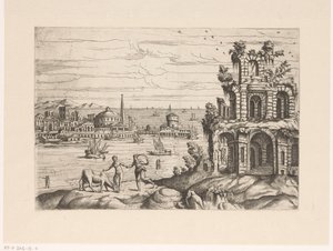 Cityscape with Ruins and Fantasy Architecture by the Water