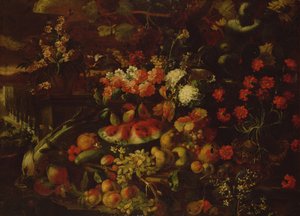 Still Life with Fruit, Vegetables and Flowers by Giovanni Battista Ruoppolo or Ruopolo