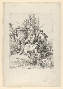 Seated magician, boy and four figures from the Scherzi di Fantasia by Giovanni Battista Tiepolo