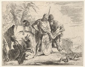 Three figures and a snake coiled around a staff, surrounded by a landscape by Giovanni Battista Tiepolo