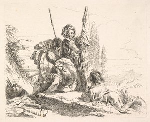 Three soldiers and a youth lying on his abdomen in a landscape, the soldiers bear a... by Giovanni Battista Tiepolo