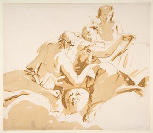 Two Seated Women and a Boy on Clouds